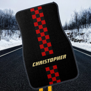Red Black Chequered Racing Stripe Gold Monogrammed Car Mat