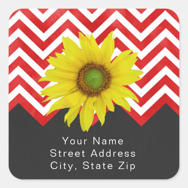 Red Black Chevron Colour Block with Sunflower Labe Square Sticker (Front)
