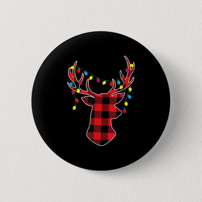 Red Black Christmas Buffalo Plaid Deer Women Men K 2 Inch Round Button (Front)