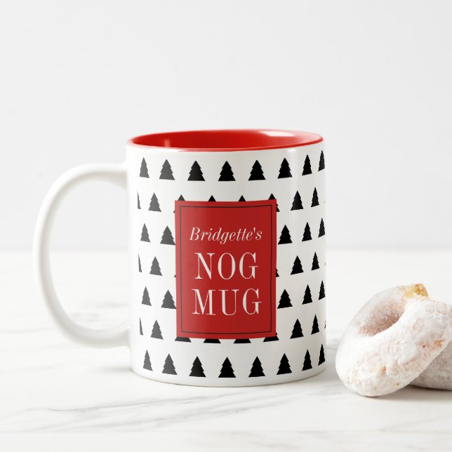 Red Black Christmas Tree Patterned Personalized Two-Tone Coffee Mug (With Donut)