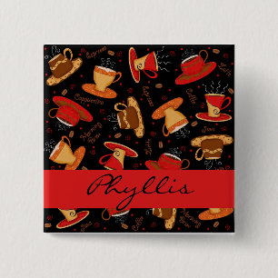 Red & Black Coffee Cups Name Personalized Pin