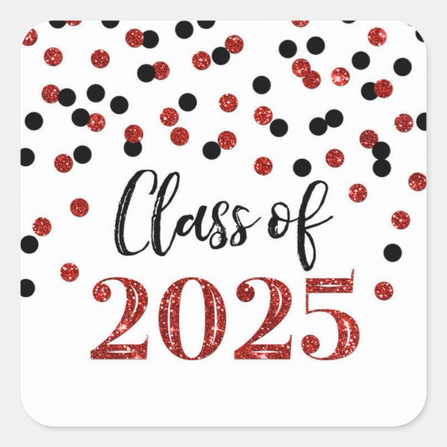 Red Black Confetti Graduation 2025 Square Sticker (Front)