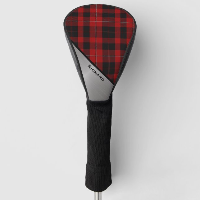Red & Black Cunningham Plaid & Aluminum Look Golf Head Cover (Front)