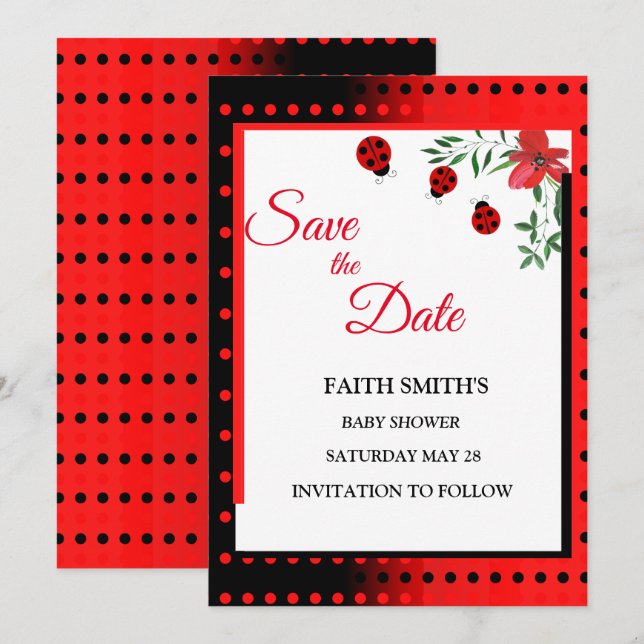 Red & black Cute Ladybugs | Watercolor Flowers  Save The Date (Front/Back)
