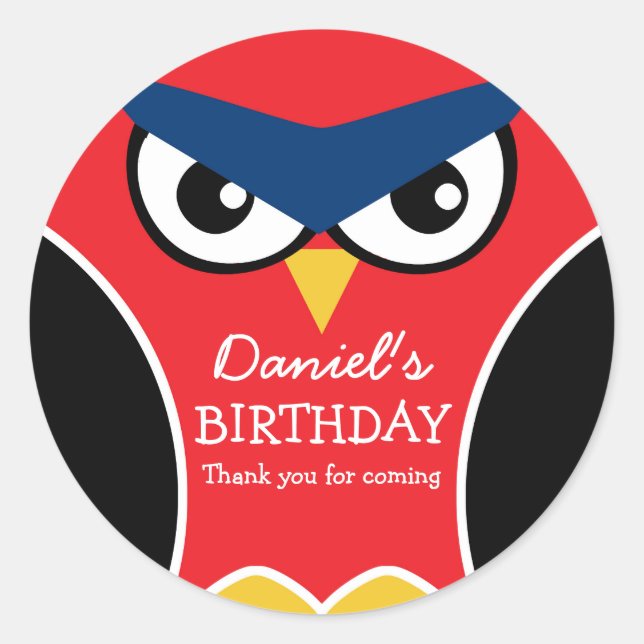Red Black Cute Owl Birthday Party Sticker for Kids (Front)