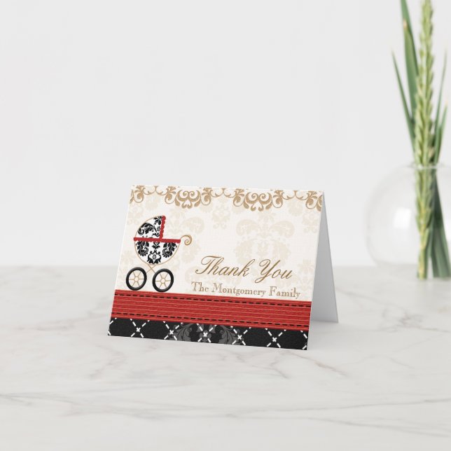 RED Black Damask Baby Carriage Shower Thank You (Front)