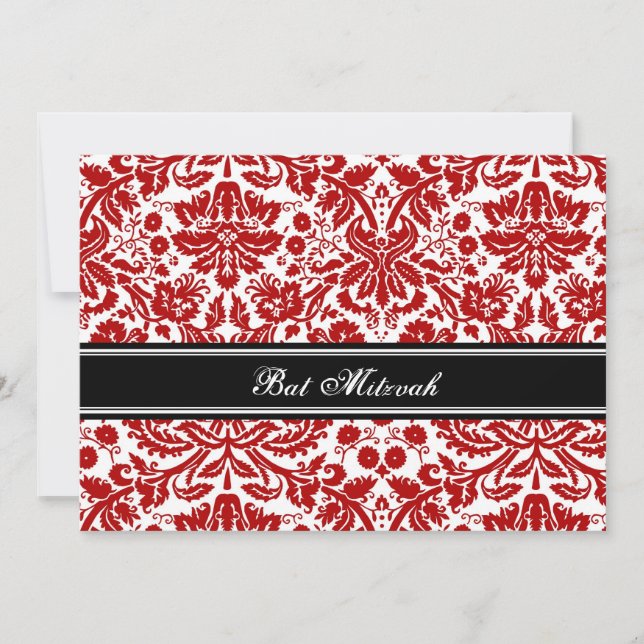 Red Black Damask Bat Mitzvah Invitations (Front)