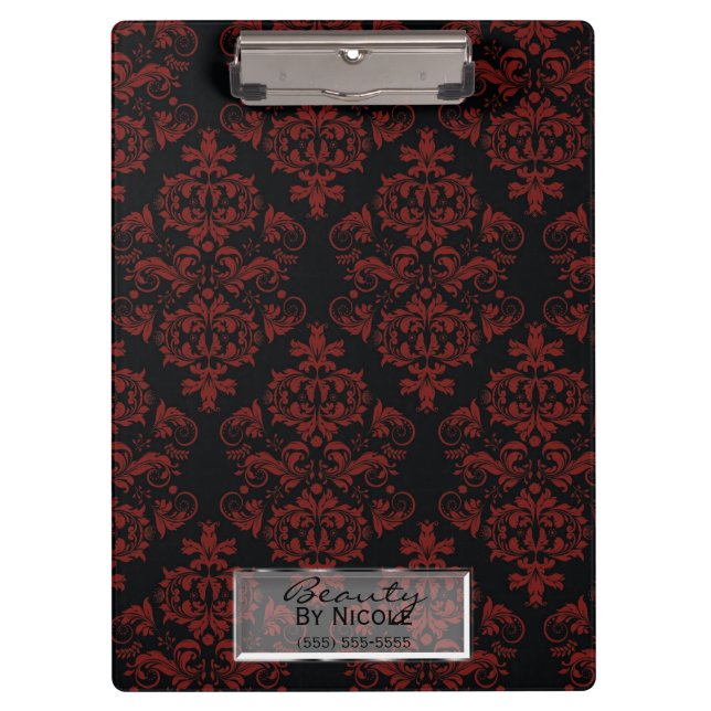 Red Black Damask Elegant Chic Glam Personalized Clipboard (Front)