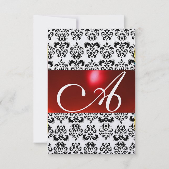 RED BLACK DAMASK GEM MONOGRAM RSVP White Ü Invitation (Front)