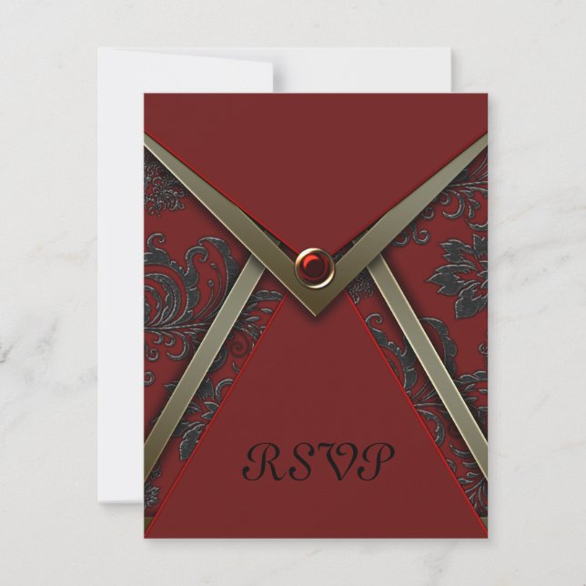 Red Black Damask Gold Trim RSVP Card (Front)
