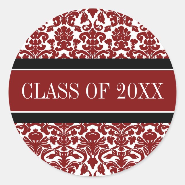 Red Black Damask Graduation Custom Year Classic Round Sticker (Front)