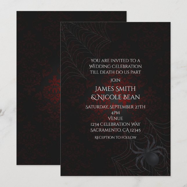 Red & Black Damask Halloween Spider Invitations (Front/Back)