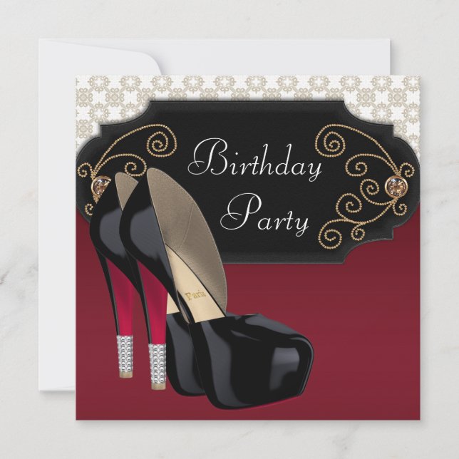 Red Black Damask High Heel Shoes Birthday Party Invitation (Front)