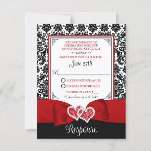 Red, Black Damask Love Hearts RSVP Card