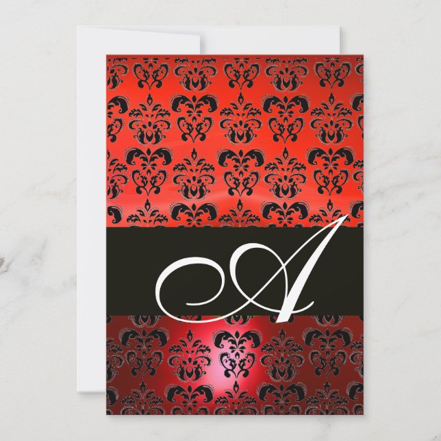 RED  BLACK  DAMASK MONOGRAM ,bright white Invitation (Front)