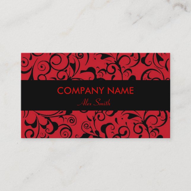 Red black damask pattern custom business cards (Front)