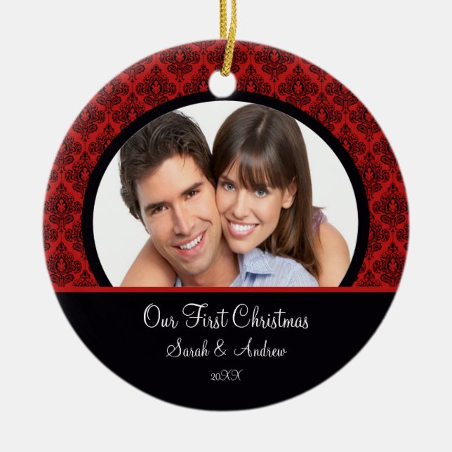 Red & Black Damask Photo First Christmas Ornament (Front)