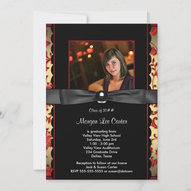 Red Black Damask Photo Graduation Announcement (Front)