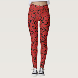 Red black damask swirl pattern leggings