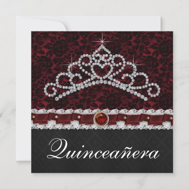 Red Black Damask Tiara Red Black Quinceanera Invitation (Front)