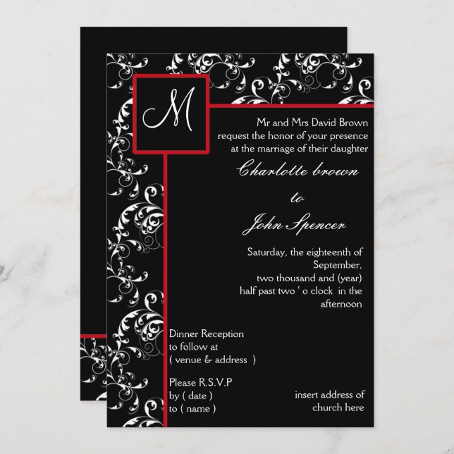 Red Black Damask Wedding Invitations (Front/Back)