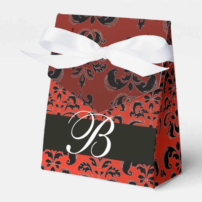 RED BLACK DAMASK WEDDING MONOGRAM Elegant  Favor Box (Front Side)