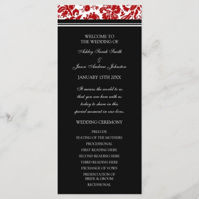 Red Black Damask Wedding Program (Front)