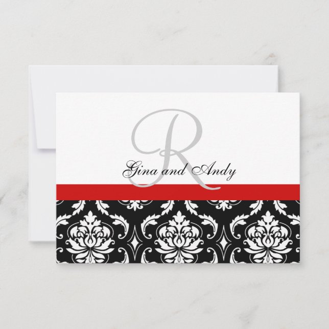 Red Black Damask Wedding RSVP For Square Invites (Front)