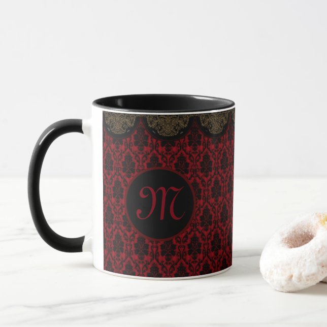 Red-black damask with gold border mug (With Donut)