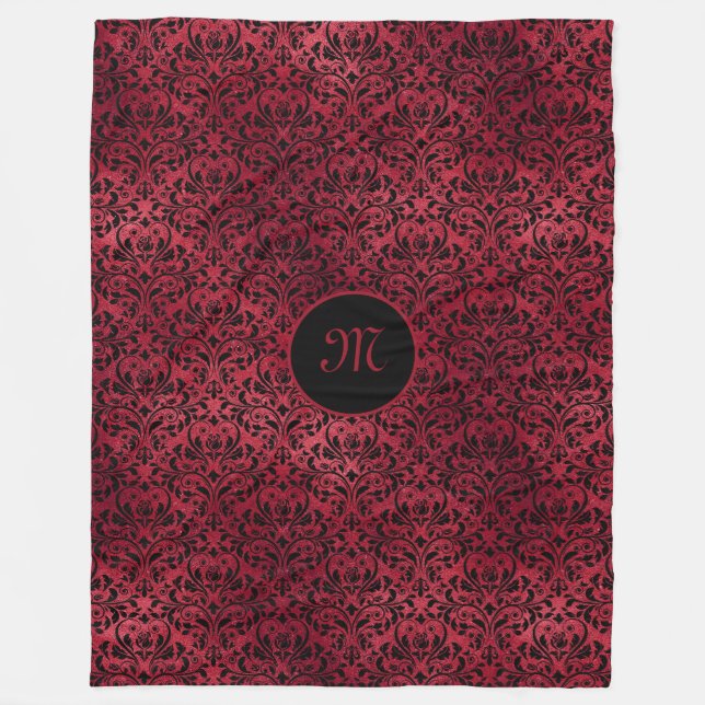Red-black damask with Monogram  Fleece Blanket (Front)