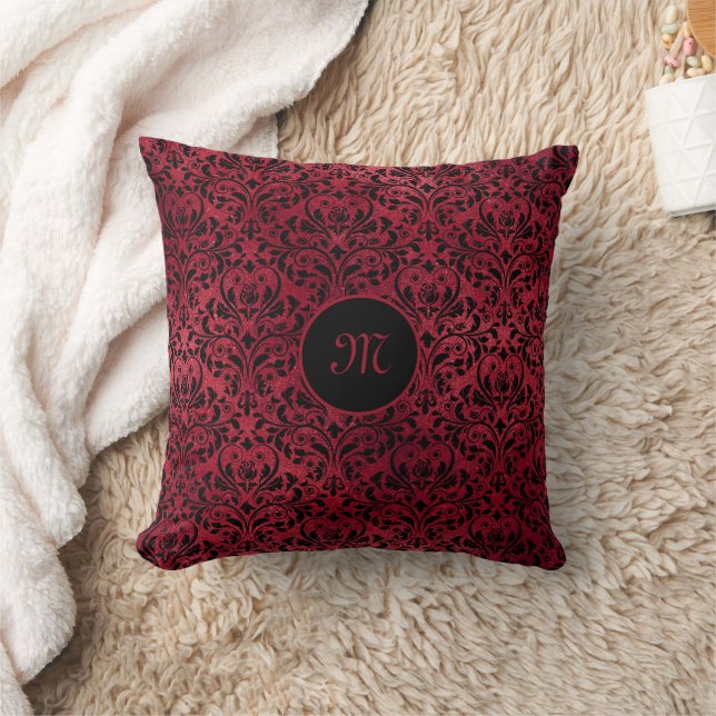 Red-black damask with Monogram Throw Pillow (Blanket)