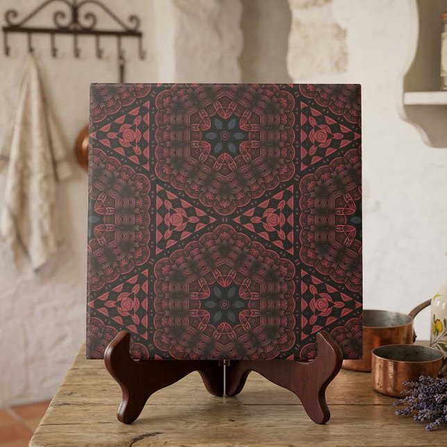 Red Black Detailed Floral Geometric Pattern Tile (Creator Uploaded)