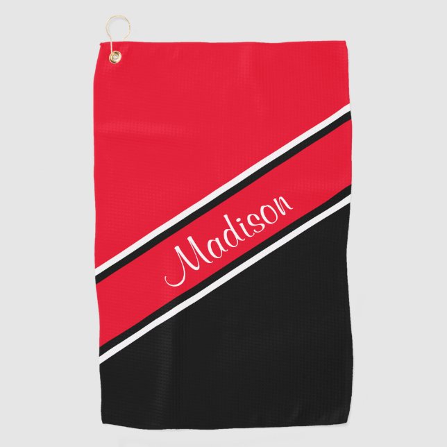 Red Black Diagonal Stripe Script Name Golf Towel (Front)