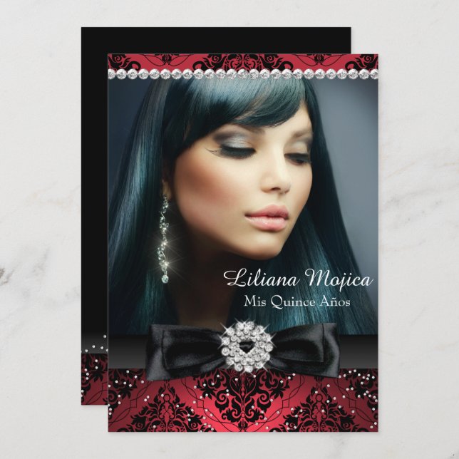 Red Black Diamond Bow Damask Quinceanera Invitation (Front/Back)