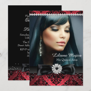 Red Black Diamond Bow Damask Quinceanera Invitation
