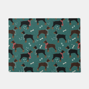 Red & Black Dobermans in Scarves Winter Pattern Doormat