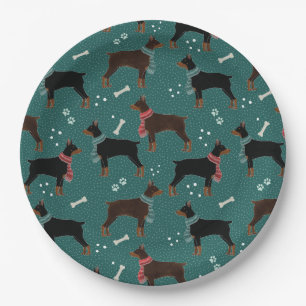Red & Black Dobermans in Scarves Winter Pattern Paper Plate