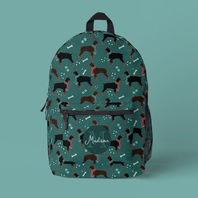 Red & Black Dobermans in Scarves Winter Pattern Printed Backpack (Doberman Patterned Backpack with Monogram)