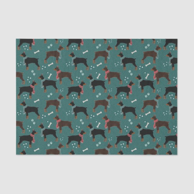 Red & Black Dobermans in Scarves Winter Pattern Tissue Paper (Front)