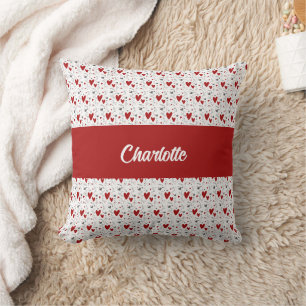 Red Black Doodle Hearts Retro Monogram Name Throw Pillow