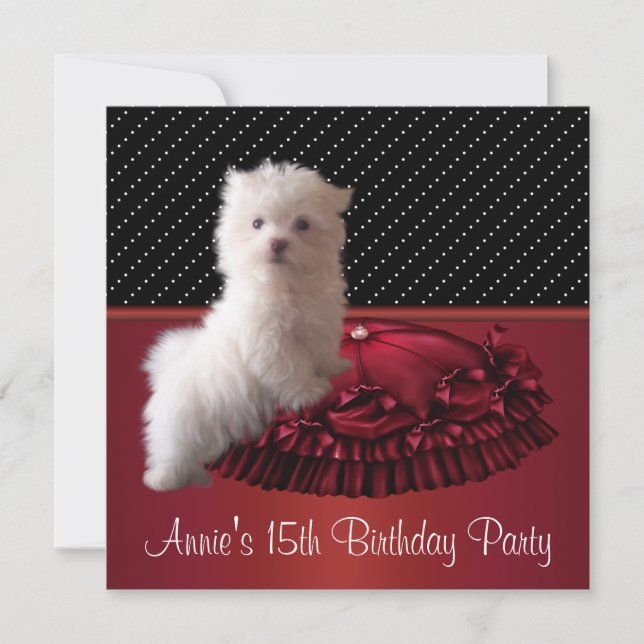 Red Black Dot Puppy 15th Birthday Invitation (Front)