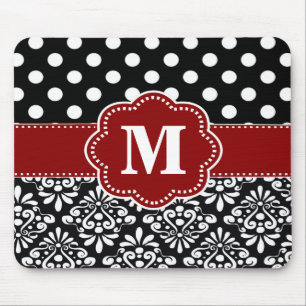Red Black Dots Damask Monogram Mouse Pad. Pad