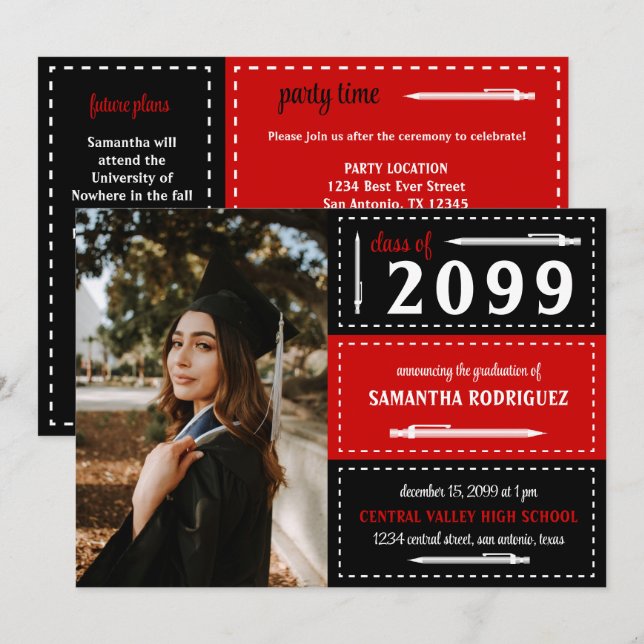 Red & Black Dotted Boxes and Pencils Graduation Invitation (Front/Back)