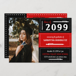 Red & Black Dotted Boxes and Pencils Graduation Invitation