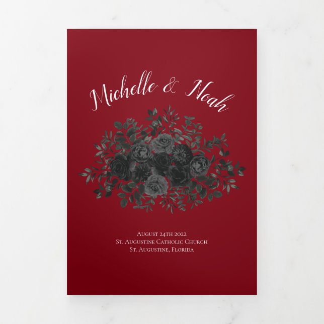 Red Black Elegant Rose Gothic Wedding Tri-Fold Programme (Cover)