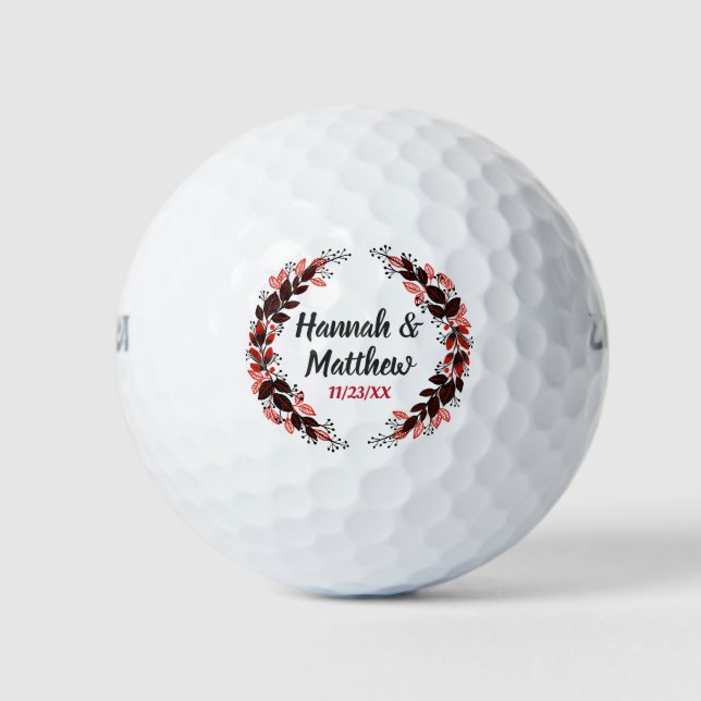 Red Black Elegant Watercolor Wreath Wedding Favour Golf Balls (Front)