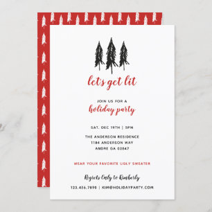 Red & Black Evergreen Tree Pattern Holiday Party Invitation