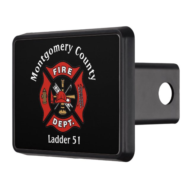 Red & Black Fire Department Logo Custom   Trailer Hitch Cover (Left)