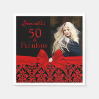 Red Black Floral Damask 50th Birthday Photo