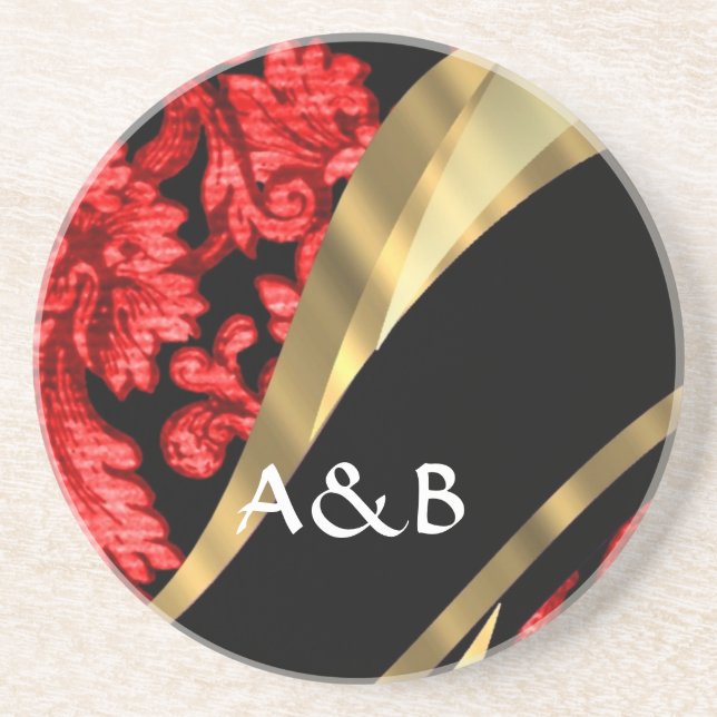 Red & black floral damask coaster (Front)